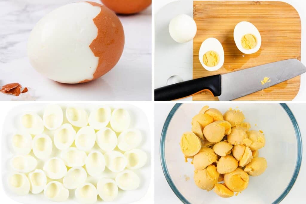 Four images of Southern deviled egg preparation: top left shows a partially peeled hard-boiled egg, top right presents halved boiled eggs on a cutting board with a knife, bottom left displays empty egg white halves, and bottom right reveals egg yolks in a bowl.
