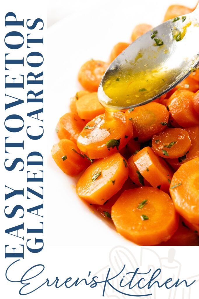 A spoon drizzles sauce over sliced glazed carrots garnished with herbs. Text on the left reads, "Easy Stovetop Glazed Carrots," with "Erren's Kitchen" at the bottom, showcasing a delectable way to enjoy glazed carrots effortlessly.