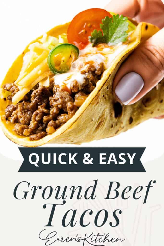 A hand holds a taco filled with ground beef, shredded cheese, sour cream, cilantro, jalapeño, and tomato. Text below reads: "Quick & Easy Ground Beef Tacos With Homemade Taco Seasoning – Eren's Kitchen.