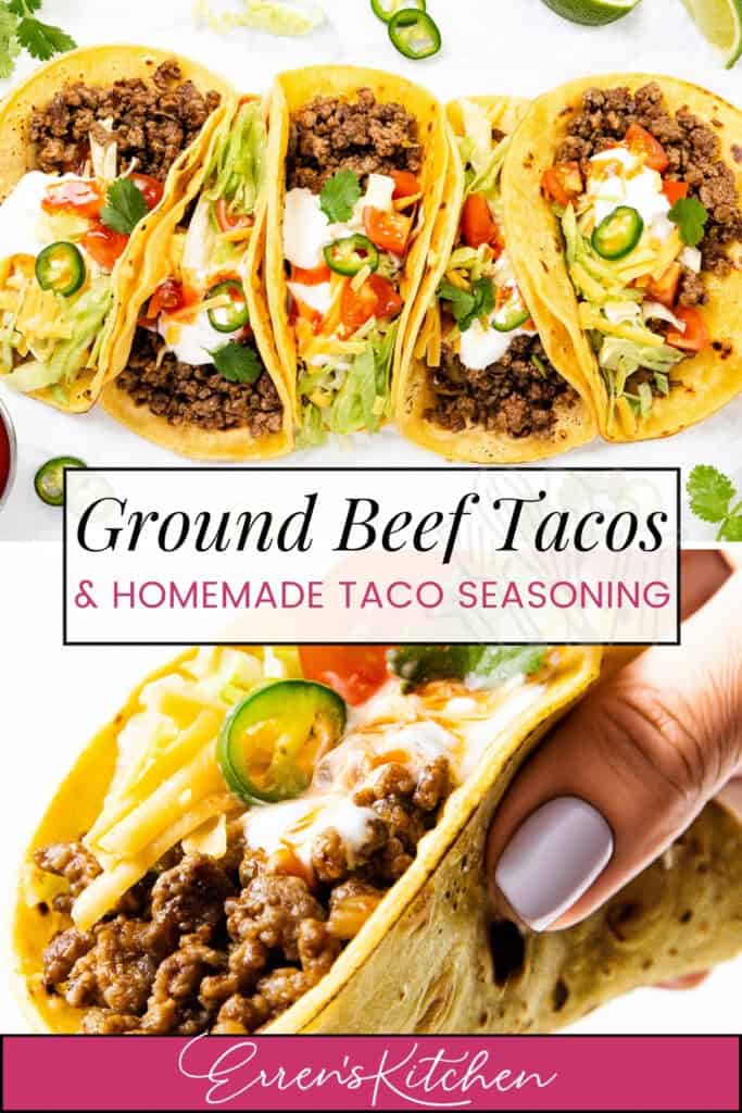Four ground beef tacos with homemade taco seasoning are topped with lettuce, cheese, sour cream, tomato, and sliced jalapeños on a white surface. A hand holds one taco. Text reads: "Ground Beef Tacos With Homemade Taco Seasoning.
