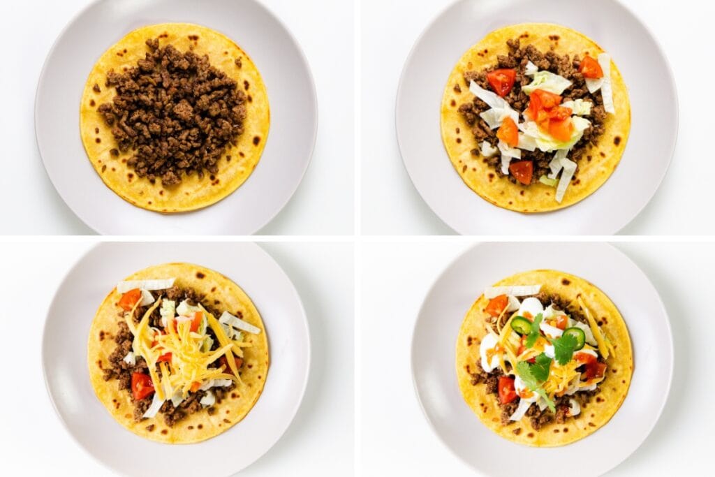 Four plates show the step-by-step assembly of smoky tacos: seasoned ground beef with homemade seasoning, topped with diced tomatoes and lettuce, then shredded cheese, and finally sour cream and fresh herbs.