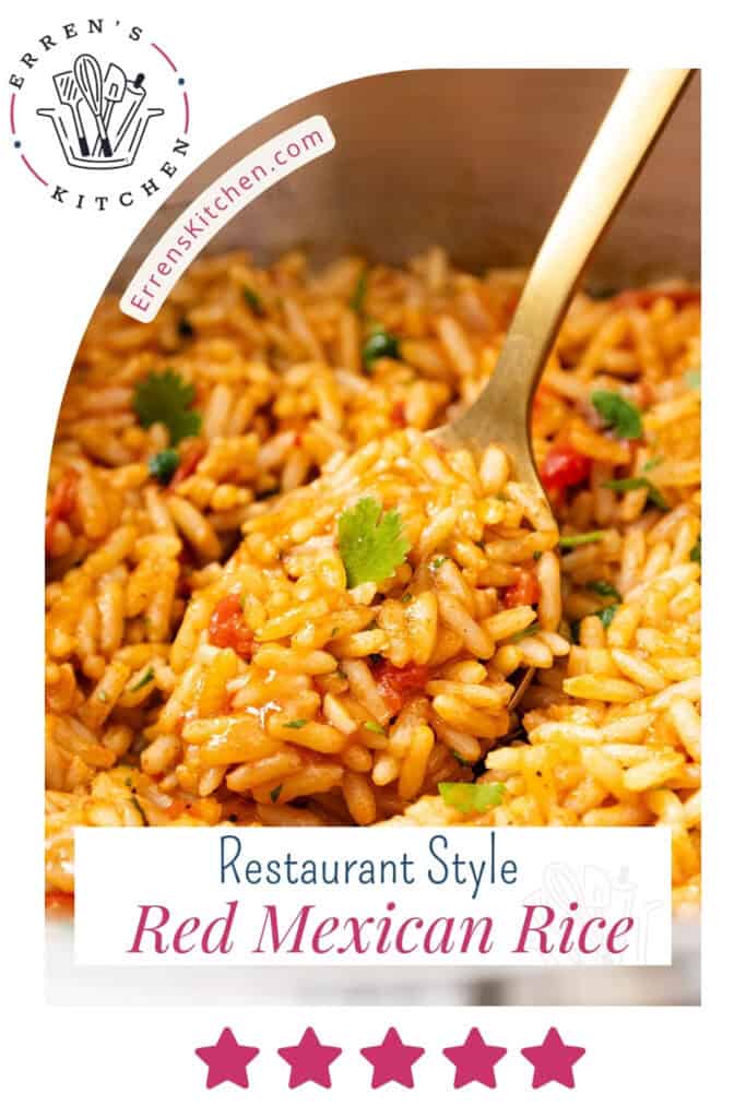 A close-up of a bowl of vibrant Restaurant Style Mexican Rice garnished with cilantro, with a gold fork scooping some rice. Text reads: "Restaurant Style Red Mexican Rice." Five pink stars are shown at the bottom.
