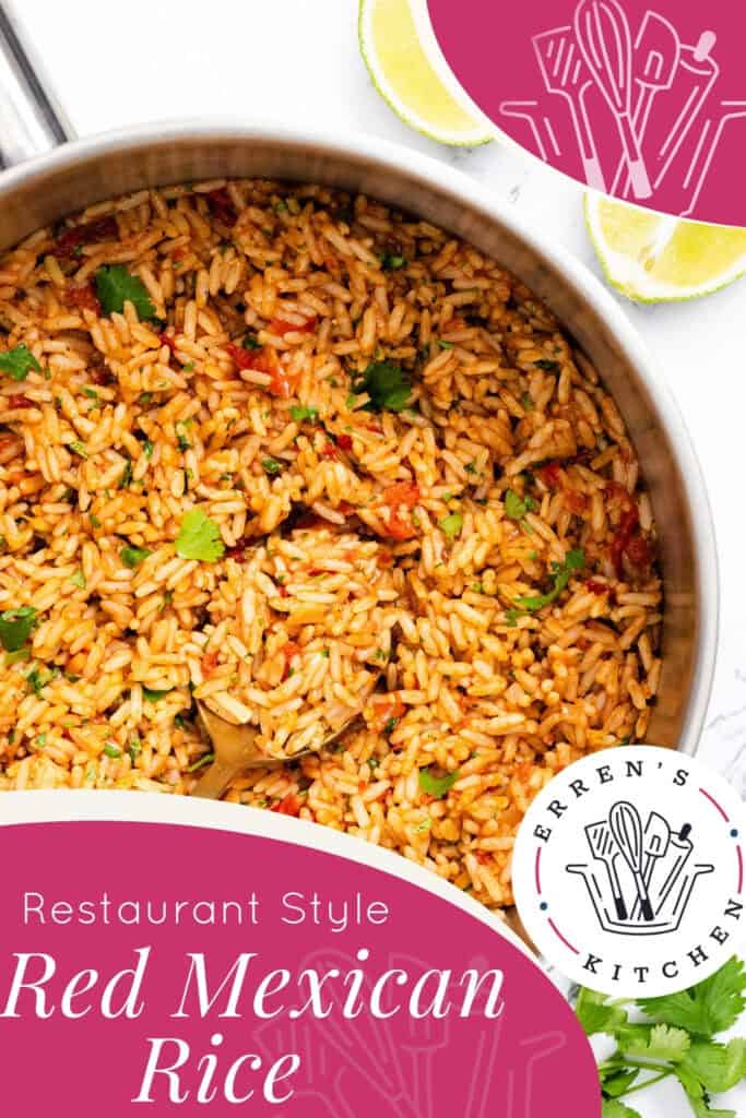 A pot of Restaurant Style Red Mexican Rice garnished with cilantro sits on a white surface next to lime slices, with the text "Restaurant Style Red Mexican Rice" and the "Erren's Kitchen" logo in the corner.
