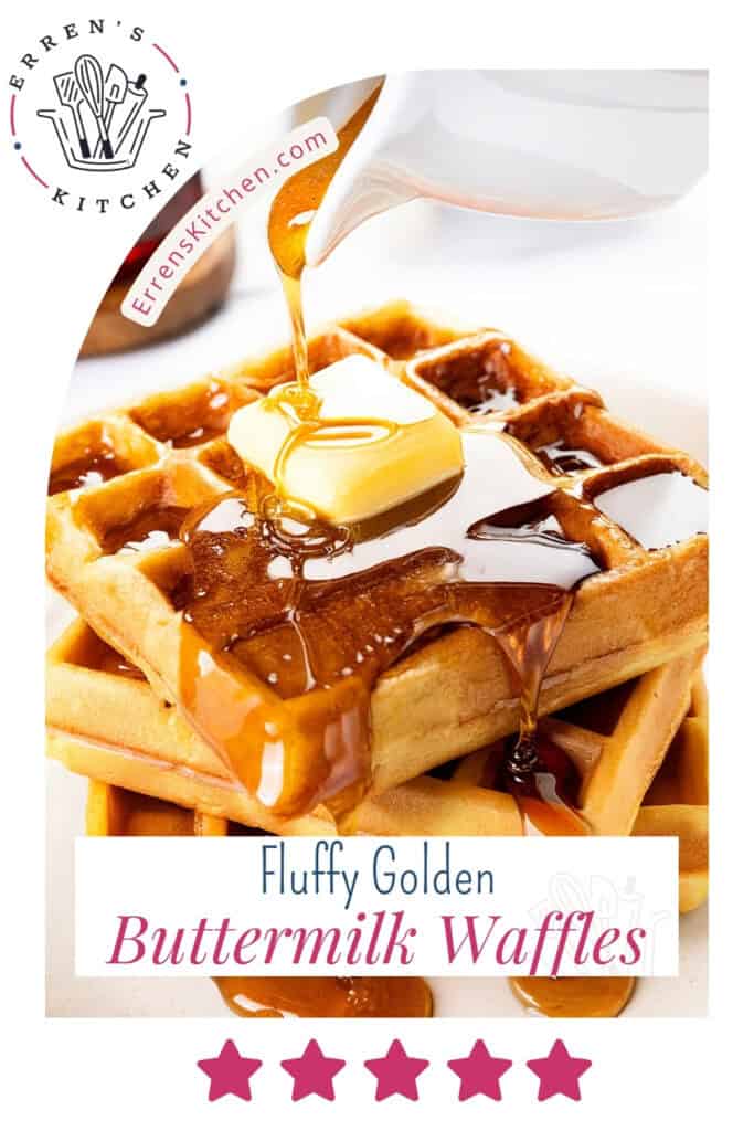 A stack of fluffy buttermilk waffles topped with melting butter and syrup being poured over them, with the text "Fluffy Golden Buttermilk Waffles" and a five-star rating at the bottom.