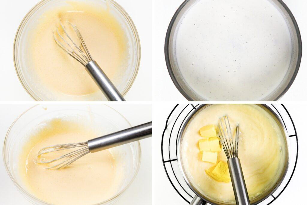 Four-step process for classic Cream Pie: whisking egg mixture, heating milk with vanilla, combining mixtures, then whisking in butter until smooth. Close-up views capture every old-school technique with a metal whisk in each image.