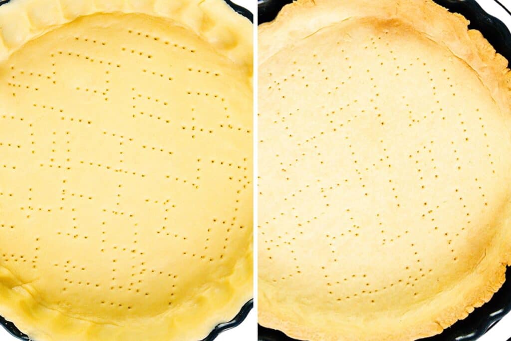 Side-by-side comparison of an unbaked pie crust with fork marks on the left and a baked, golden-brown pie crust on the right—perfect foundations for an old-school Banana Cream Pie, both shown in round pans.