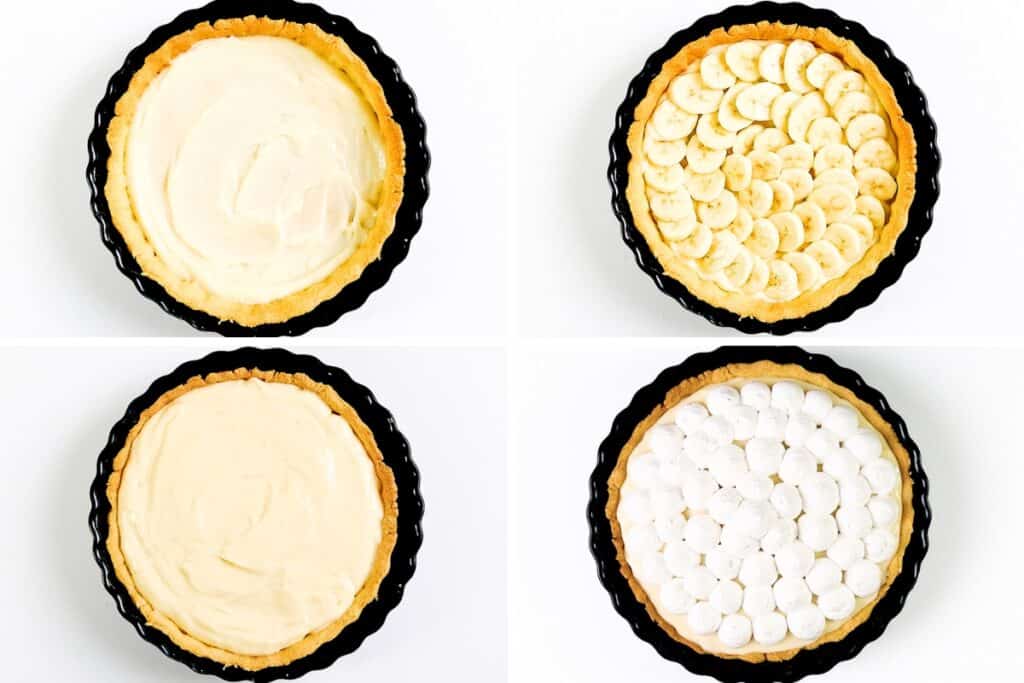 Four stages of making an Old-School Banana Cream Pie: crust with cream filling, crust topped with banana slices, another layer of cream, then crowned with whipped cream or meringue—all in a classic black pie dish.