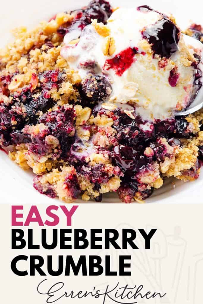 A serving of Easy Blueberry Crumble topped with a scoop of vanilla ice cream sits on a white plate, with the text “Easy Blueberry Crumble” and “Erren’s Kitchen” displayed at the bottom.
