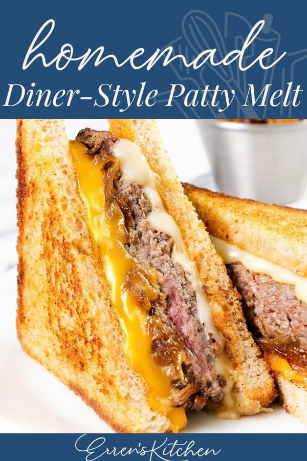 Two golden toasted sandwiches filled with melted cheddar and Swiss cheese, caramelized onions, and a beef patty create the ultimate Patty Melt, displayed on a white surface with "homemade Diner-Style Patty Melt" text above.