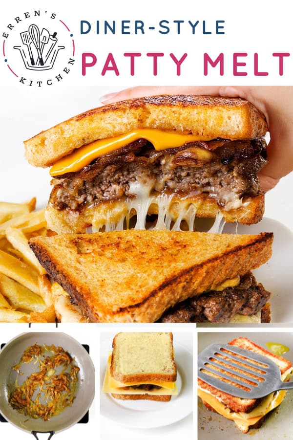 Collage showing a gooey, cheesy Patty Melt cut in half, with melty cheese, onions, and beef on toasted bread. Smaller images below show step-by-step preparation, including cooking onions, assembling, and grilling the sandwich.