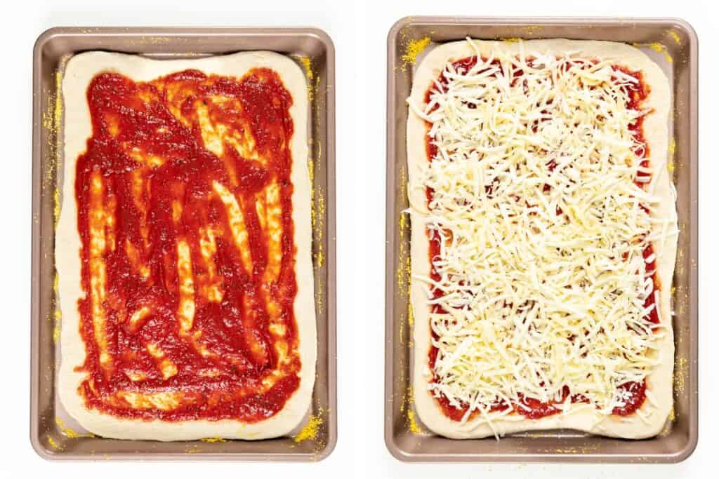 Two rectangular baking pans side by side: the left shows pizza dough spread with tomato sauce, while the right features Meat Lovers Pizza dough topped with tomato sauce and shredded cheese, ready to bake.