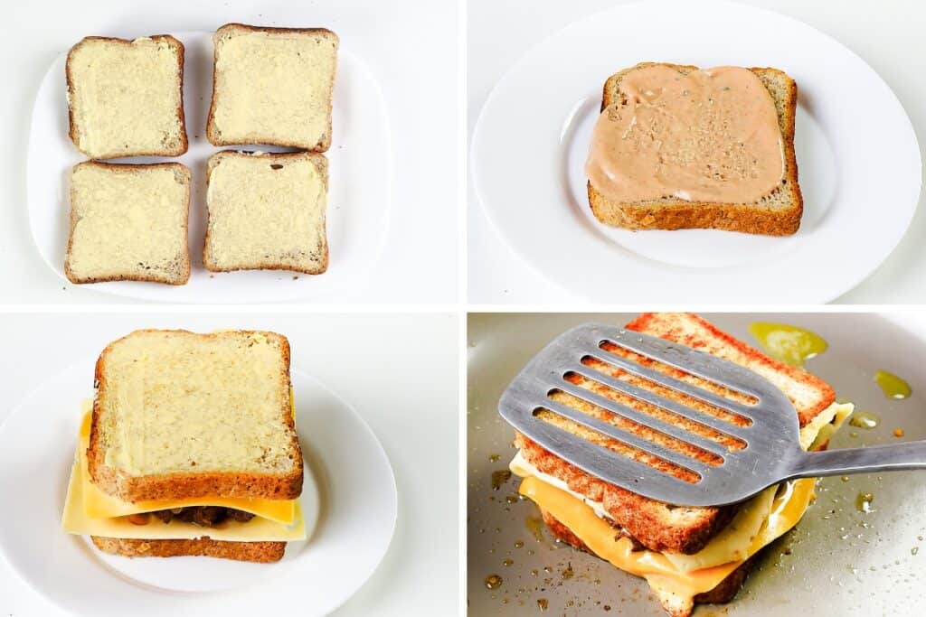 Four-part collage showing steps to make a classic grilled cheese sandwich: buttered bread slices, spread sauce on bread, add cheese and stack, then press sandwich with spatula while grilling in pan for that diner-style touch.