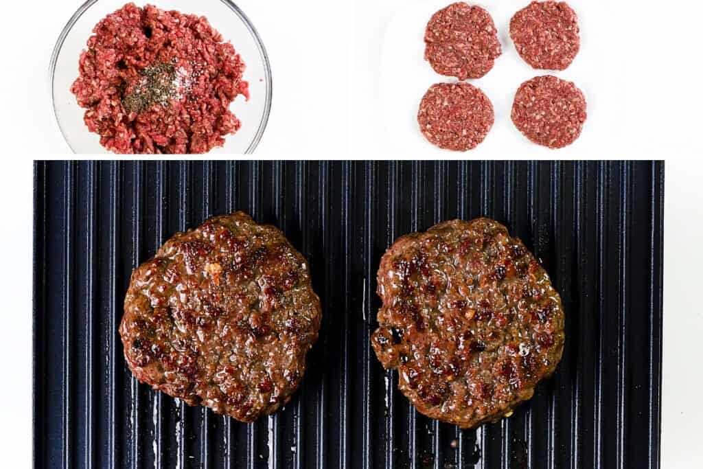 Three steps of making diner-style burgers: top left shows raw ground beef with seasonings in a bowl, top right shows four formed patties on a plate, and the bottom shows two cooked patties on a grill—perfect for a classic diner patty melt.