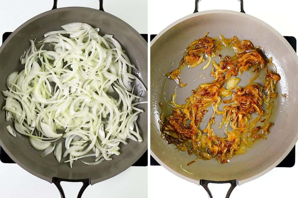 Side-by-side images of a pan: the left shows raw sliced onions, and the right shows them caramelized to a golden brown—just like the classic, diner-style onions found in a perfect Patty Melt. Both pans are seen from above.