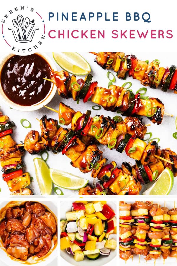 Overhead view of Pineapple BBQ chicken skewers with peppers and zucchini, garnished with green onions and lime wedges. Includes smaller images of marinated chicken, chopped vegetables, and assembled raw BBQ skewers.