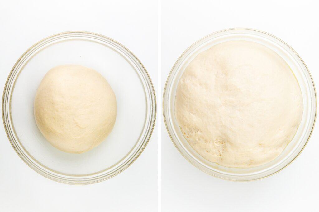Side-by-side images of homemade pizza dough in a glass bowl: on the left, a smooth, round ball of dough; on the right, the dough has risen, appearing larger and puffier. Both are set against a white background.