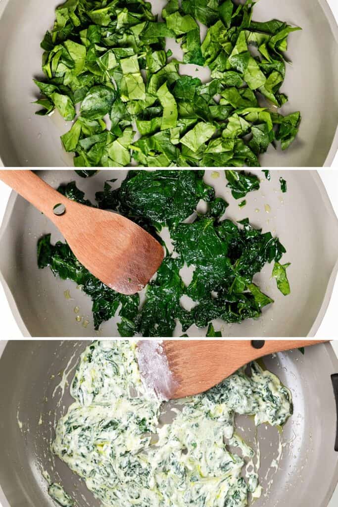 A three-panel image shows chopped spinach in a pan, then wilted spinach being stirred with a wooden spatula, and finally creamy spinach mixture being cooked—perfect for a savory puff pastry breakfast or paired with prosciutto.