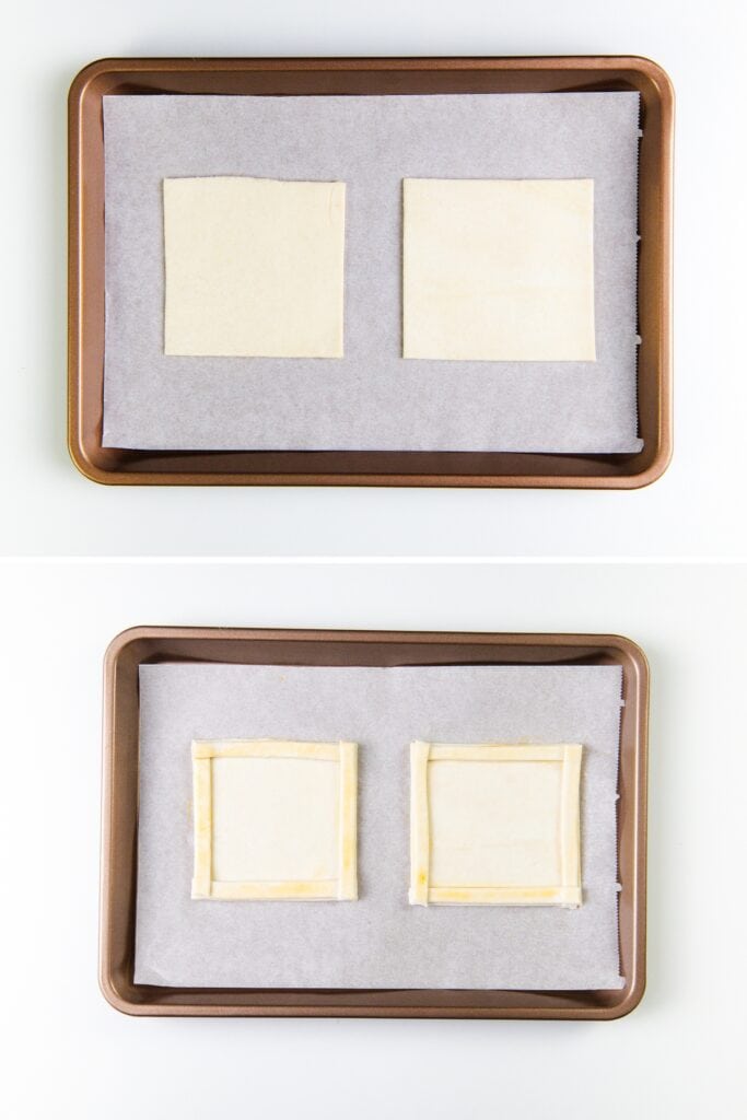 Two-panel image: Top shows two plain Puff Pastry sheets on a parchment-lined tray. Bottom shows the same pastries transformed into Breakfast Squares, with borders added and brushed with egg wash, ready for delicious fillings.