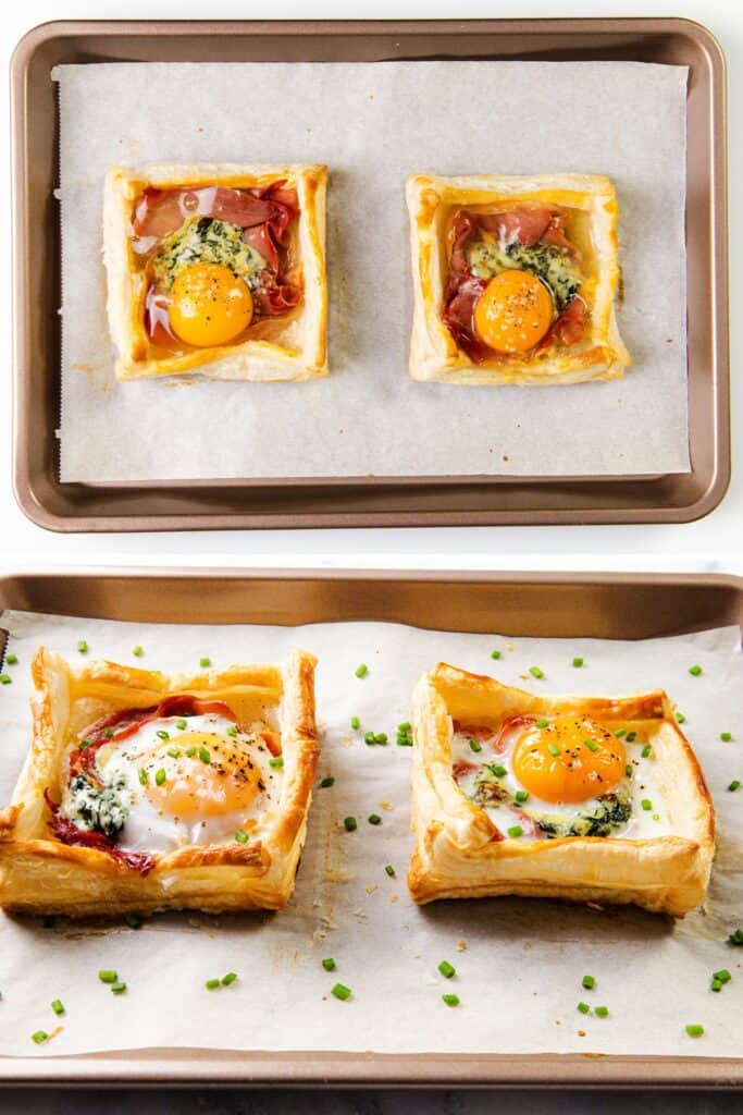 Two baking trays each hold two square puff pastry breakfast nests with raw eggs, prosciutto, and herbs in the top image, and golden baked pastries with cooked eggs and garnished herbs in the bottom image.