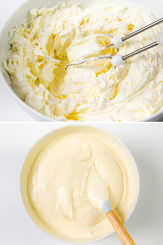 A bowl of smooth, pale yellow batter being stirred with a spatula, ready for delicious cheesecake.