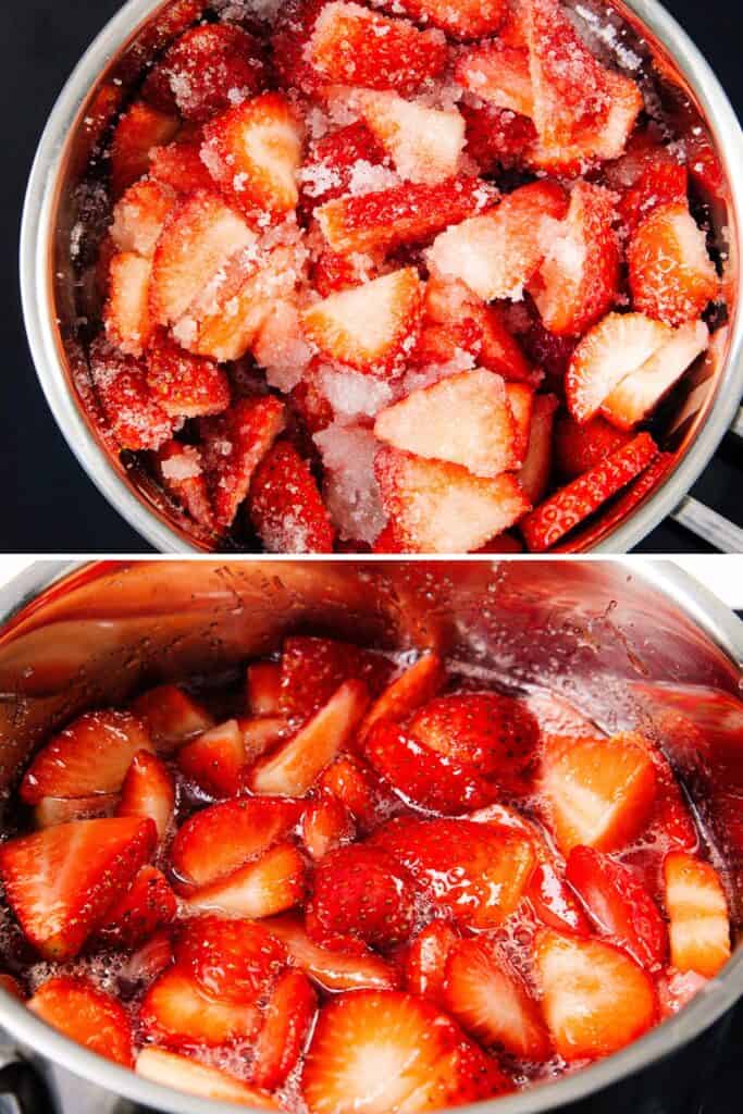 the top shows them coated with sugar, while the bottom shows them softened and glossy after being cooked—perfect for topping a creamy cheesecake.