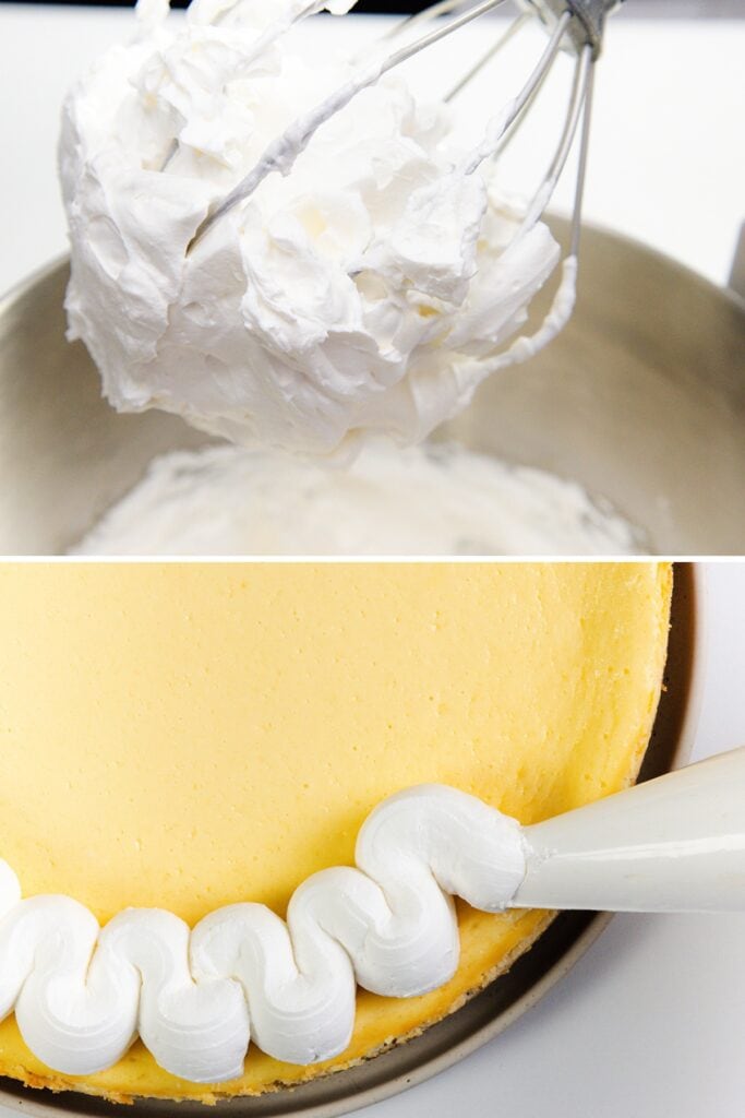 A metal whisk covered in whipped cream is held above a mixing bowl; below, a piping bag decorates the edge of a creamy cheesecake with a wavy line of whipped cream.