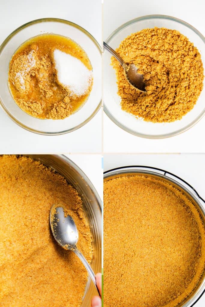 combining crumbs, sugar, and butter in a bowl, mixing with a spoon, pressing the mixture, and spreading it evenly in a baking pan for creamy cheesecake.