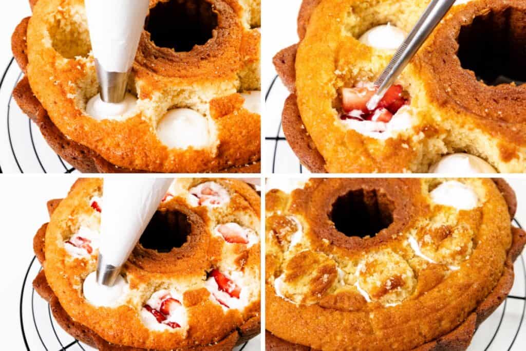 A four-step collage shows a Bundt Cake being filled: cream is piped into holes, diced strawberries are added for a Strawberry Shortcake twist, more cream is piped on top, and cake pieces are replaced to cover the filled holes.