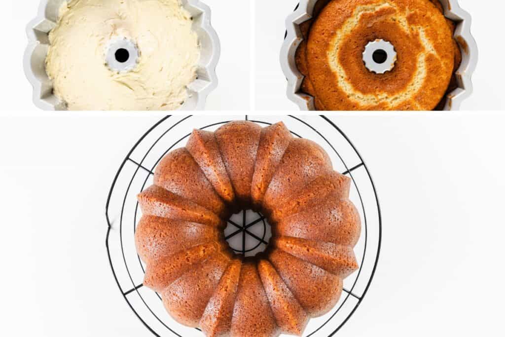 A three-panel image shows: top left, a bundt pan filled with cake batter; top right, a golden-brown Bundt Cake just baked; bottom, the finished Bundt Cake cooling on a wire rack.