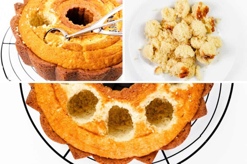 A collage showing a Strawberry Shortcake Bundt Cake with round holes scooped out, a plate with cake pieces, and a close-up of the filled cake with empty holes on a cooling rack.