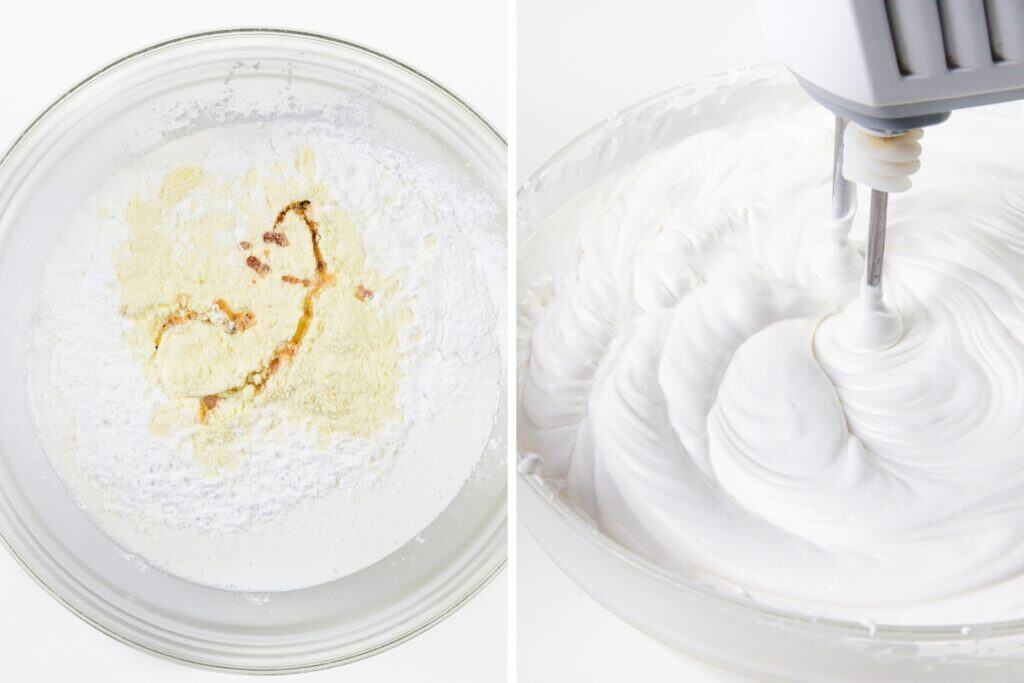 Side-by-side images: left, a glass bowl with dry ingredients and some liquid on top; right, a bowl of fluffy white mixture being whipped with an electric mixer for a delicious Filled Bundt Cake.