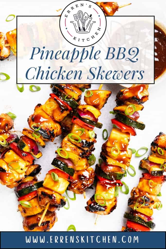 Grilled BBQ Chicken skewers with pineapple, red bell pepper, and zucchini, glazed in tangy sauce and topped with green onions. Website text and recipe name overlay the image.