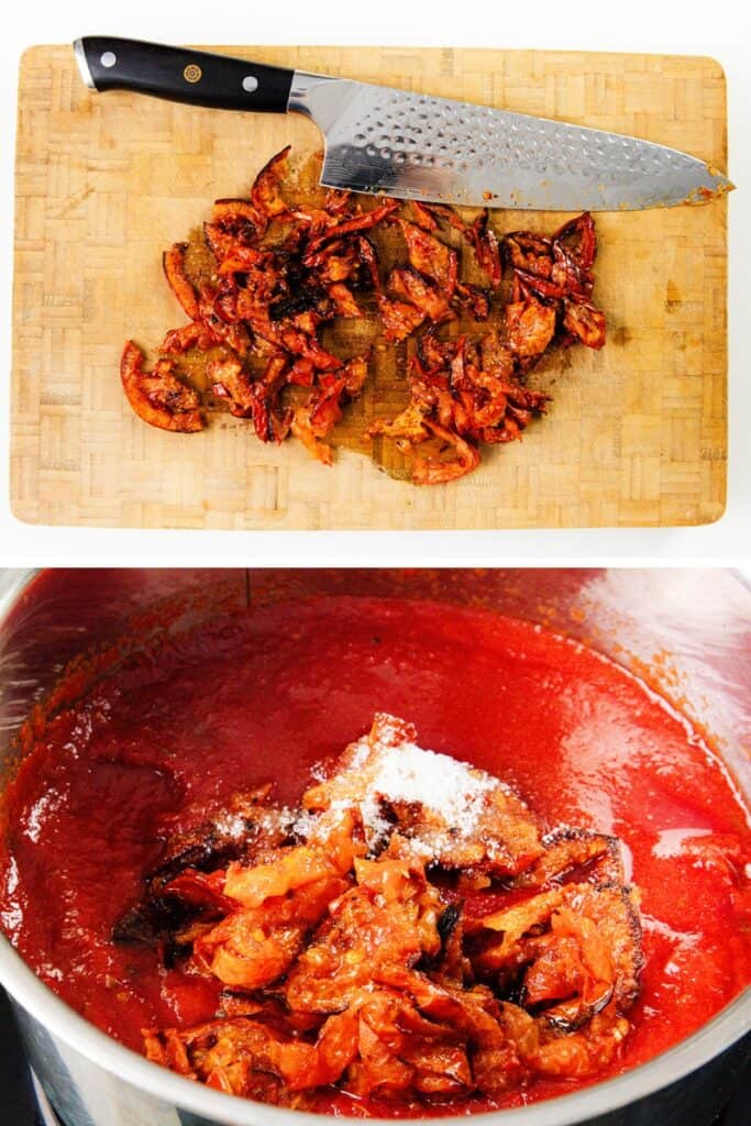 A cutting board with chopped sun-dried tomatoes and a chef’s knife on top, above a pot filled with tomato sauce, chopped sun-dried tomatoes, and seasonings—perfect ingredients for an authentic Trenton Tomato Pie.