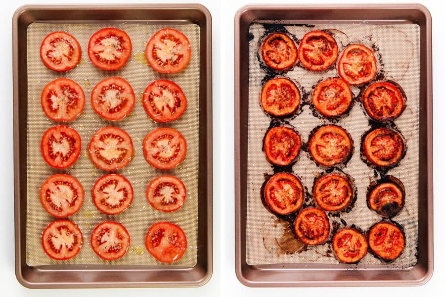 Two side-by-side baking sheets: the left shows raw tomato slices seasoned with salt and pepper, while the right displays the same slices after roasting, visibly shrunk and browned—perfect for topping a classic Trenton Tomato Pie.