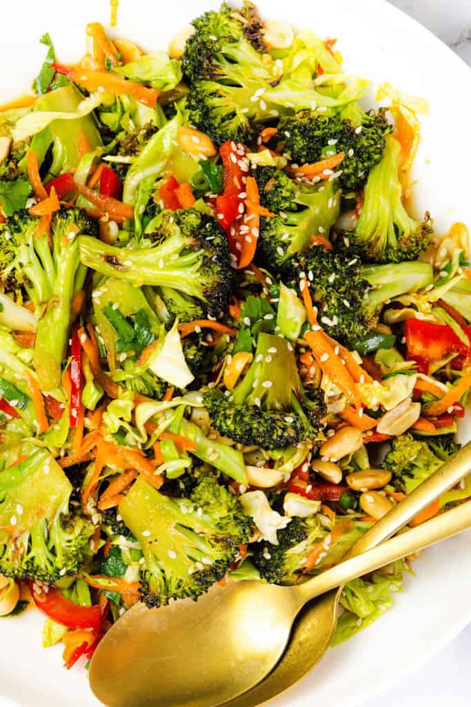 Colorful Asian Roasted Broccoli Salad with shredded carrots, red bell peppers, peanuts, cabbage, fresh herbs, and a sprinkle of sesame seeds, served in a white bowl with gold serving utensils and finished with sesame vinaigrette.