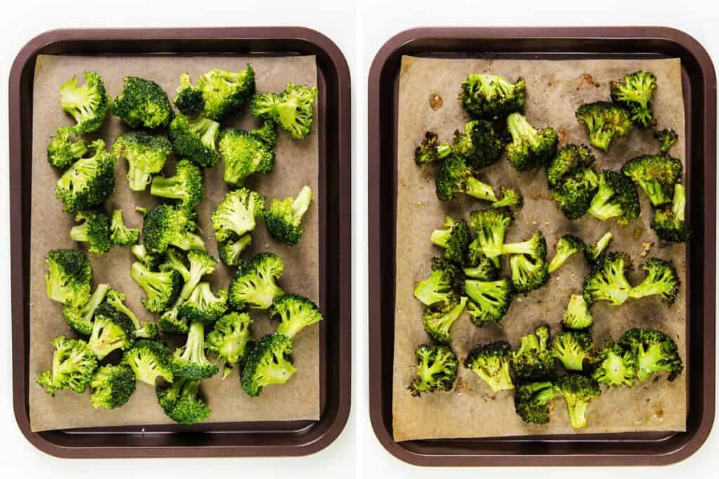 Side-by-side images of a baking tray with parchment paper: the left shows raw broccoli florets spaced out, and the right shows roasted, browned broccoli, perfect for an Asian Roasted Broccoli Salad with sesame vinaigrette.