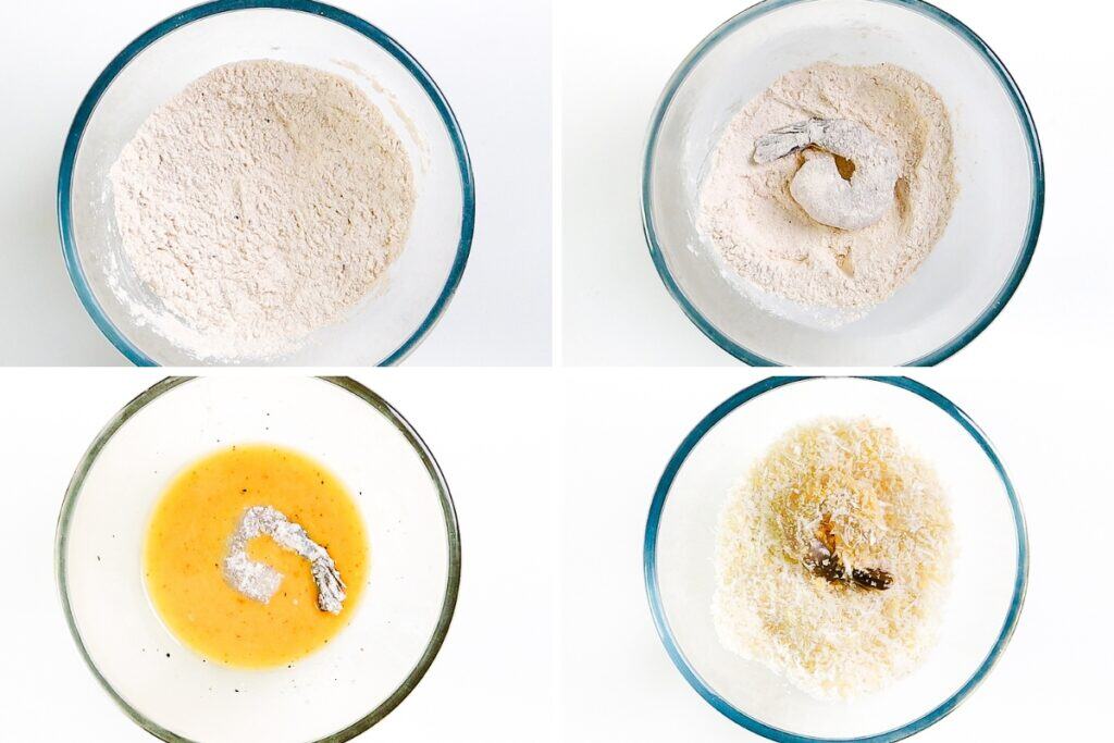 flour in the first, coated shrimp in the second, beaten egg mixture with a coated strip in the third, and shredded coconut mixture with a strip in the fourth—perfect for pairing with sweet chili dip.