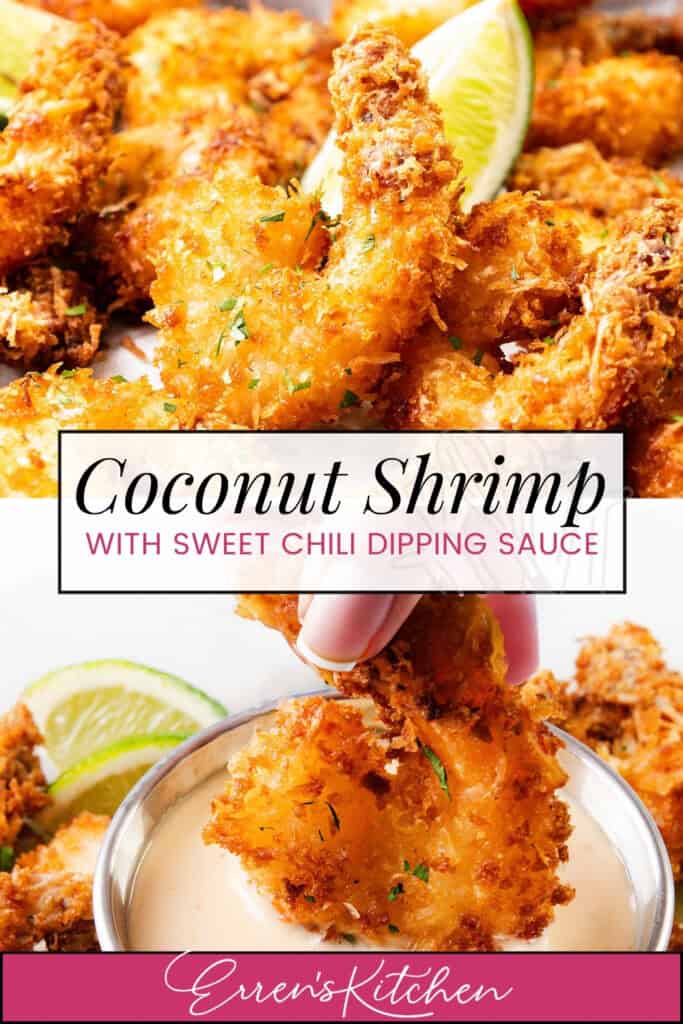 Close-up of crispy coconut shrimp garnished with lime wedges, served with a side of sweet chili sauce. Text overlay reads: "Coconut Shrimp with Sweet Chili Sauce, Erren’s Kitchen.