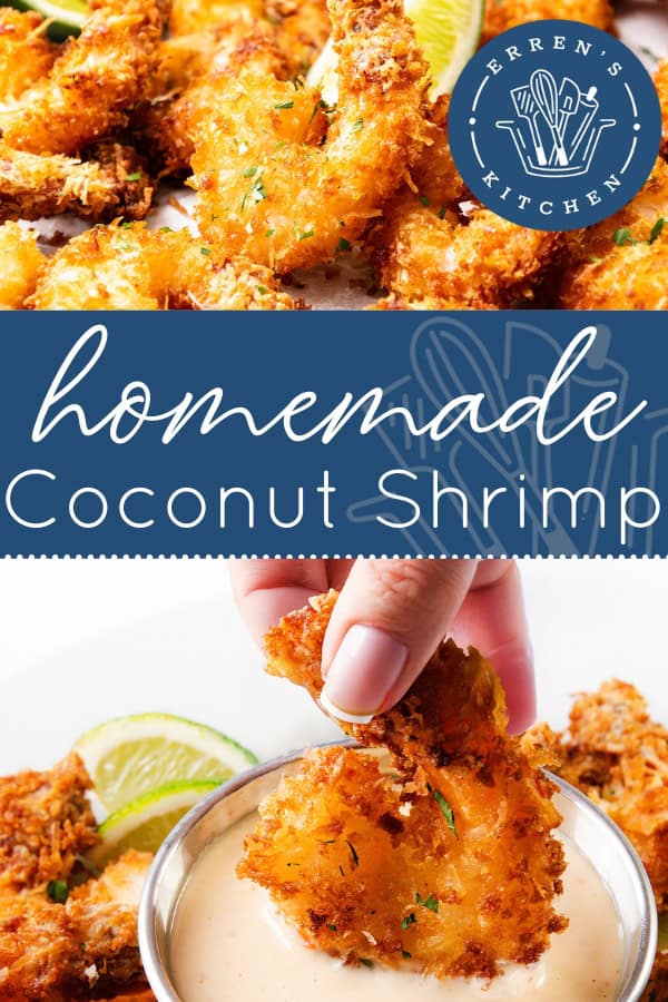 Close-up of crispy Coconut Shrimp being dipped into a sweet chili dipping sauce, with more shrimp, lime wedges, and a blue label reading "homemade Coconut Shrimp" and "Erren’s Kitchen" above.