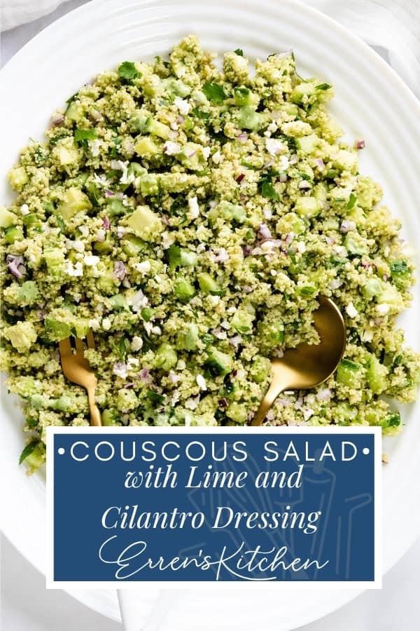 A large white plate filled with couscous salad mixed with green herbs, chopped cucumber, and feta cheese, served with gold utensils. Text overlay reads: “Couscous Salad with Cilantro Dressing Erren’s Kitchen.”.