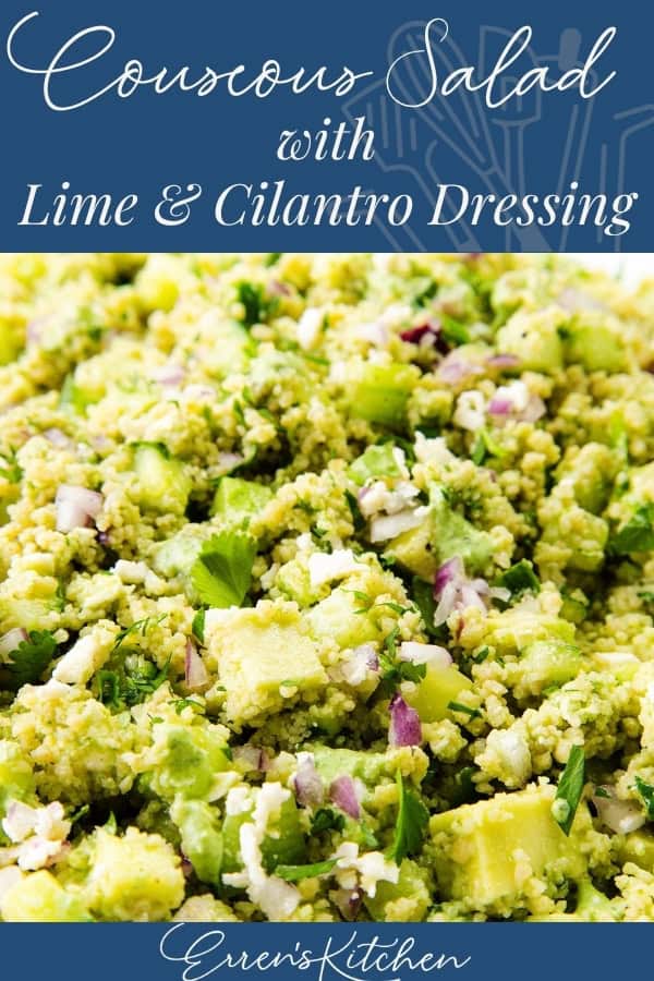 Close-up of couscous salad mixed with chopped avocado, red onion, cilantro, and cucumber, labeled "Couscous Salad with Lemon Lime Dressing" at the top, and "Eren's Kitchen" at the bottom.