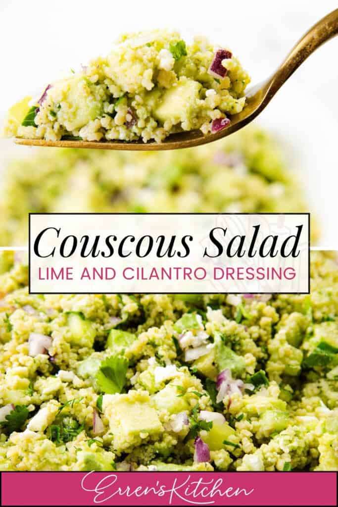A close-up of couscous salad with chopped cilantro, red onion, and avocado on a spoon and plate, topped with a tangy Lemon Lime Dressing. Text overlay reads "Couscous Salad Lemon Lime Dressing.