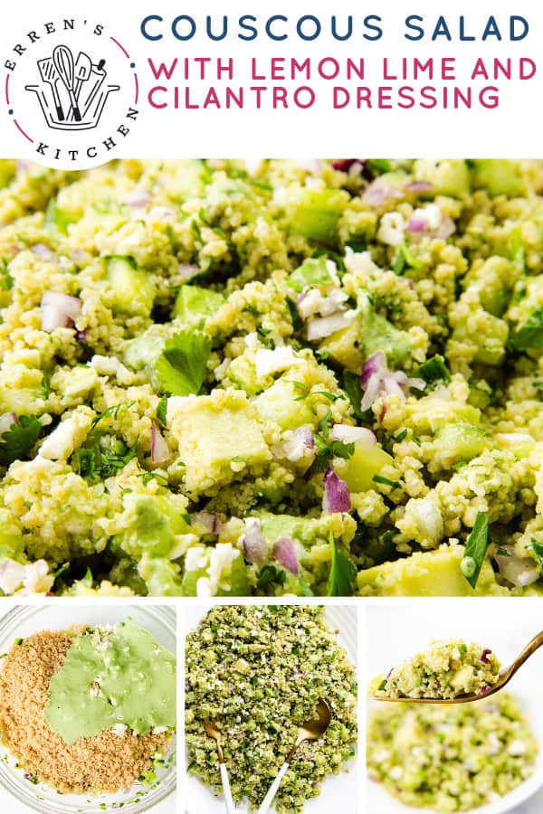 Couscous salad with diced cucumber, red onion, and cilantro mixed in, shown close up in a bowl and on a spoon, with vibrant lemon lime cilantro dressing being poured over it. Recipe title and kitchen logo are at the top.