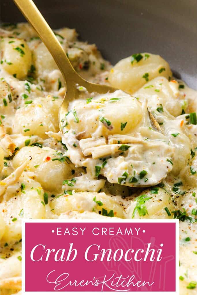 A golden spoon scoops creamy seafood pasta—crab gnocchi garnished with fresh herbs—from a bowl, with text at the bottom reading "Easy Creamy Crab Gnocchi, Erren's Kitchen.