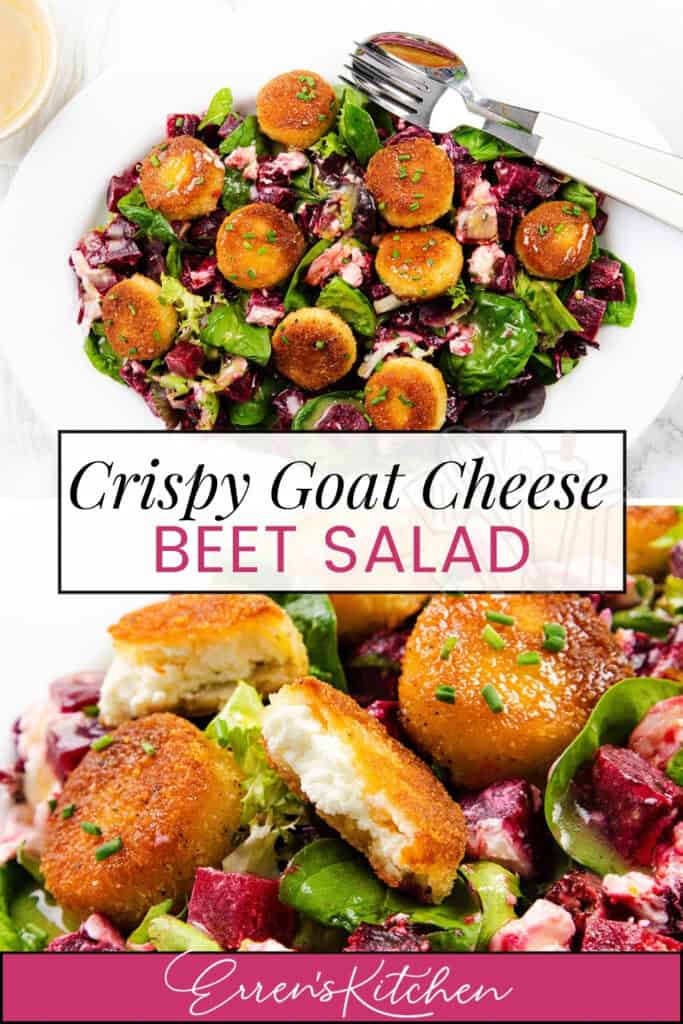 A fresh Beet Goat Cheese Salad with leafy greens, roasted beets, and crispy golden goat cheese rounds, served with a fork and spoon. Text reads: "Crispy Goat Cheese Beet Salad. Erren's Kitchen.