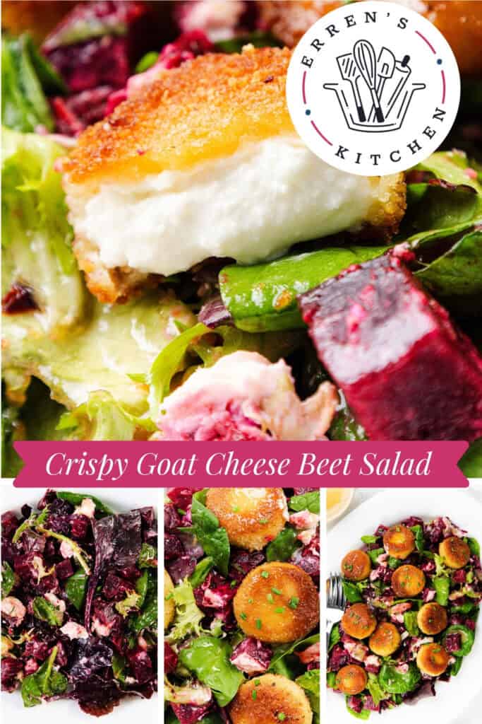 Close-up of a Beet Goat Cheese Salad with mixed greens, roasted beets, and crispy goat cheese rounds. Text reads "Crispy Goat Cheese Beet Salad" and features the Erren's Kitchen logo with kitchen utensils.