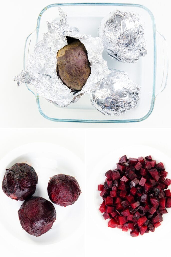 Chopped roasted beets on a white plate, perfect for Beet Goat Cheese Salad with herbs and honey.