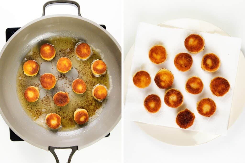 on the left, breaded round slices of fried goat cheese are sizzling in a pan; on the right, the cooked slices rest on a paper towel-lined plate, revealing a crispy, golden-brown finish.