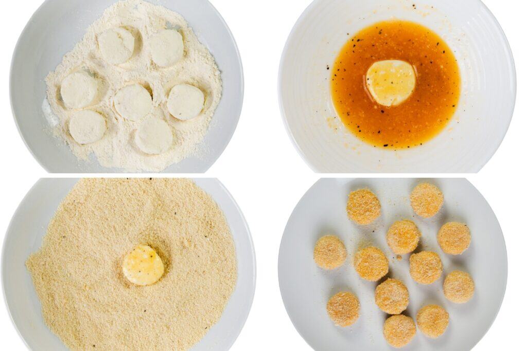sliced rounds are coated in flour, dipped in orange liquid, covered in breadcrumbs, then arranged as evenly coated rounds on a white plate.