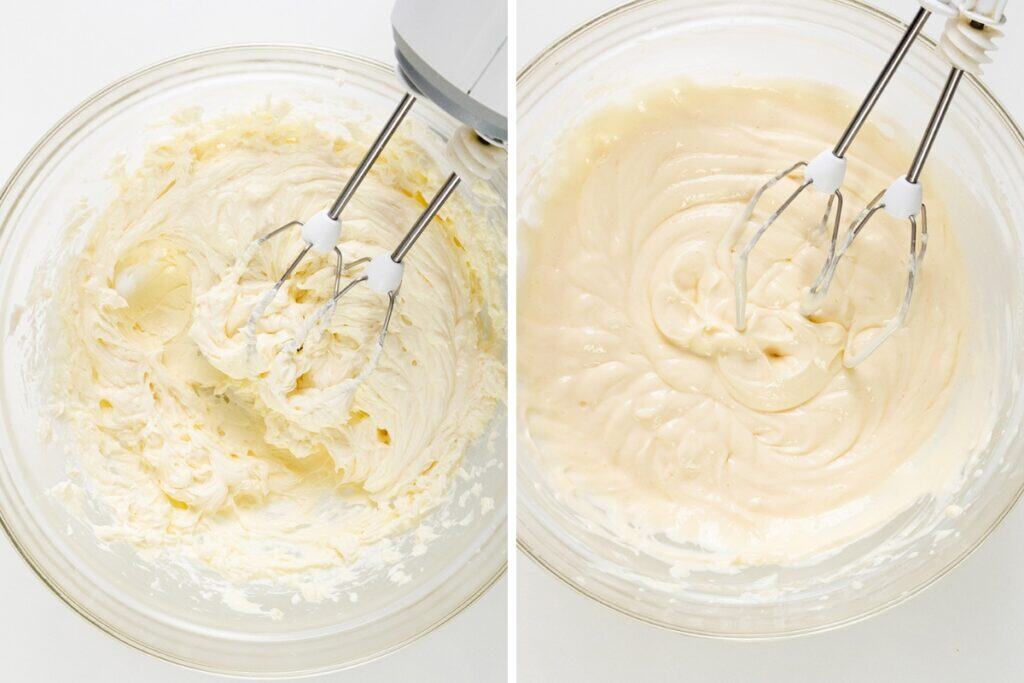 Two glass bowls with electric mixer beaters: the left bowl shows thick, creamy butter and sugar for blondies; the right bowl reveals a smoother, lighter raspberry cheesecake batter.